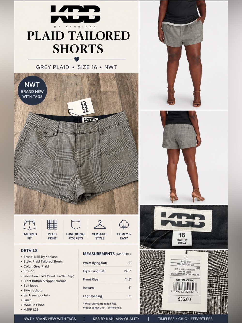 KBB by Kahlana Grey Plaid Tailored Shorts Size 16 NWT